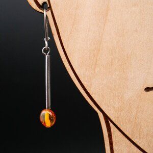 Artist Made Minimalist Sterling Silver Drop Bar Earrings with Baltic Amber Beads